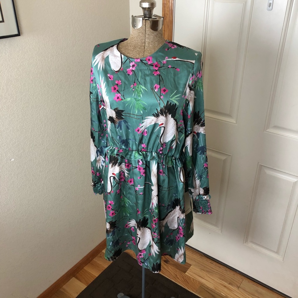 NWT Zara Basic Crane Floral Dress Teal
